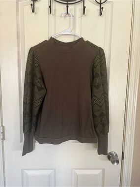 Anthropologie TINY Boho Lace Sleeve Mock Neck Top Brown Olive M